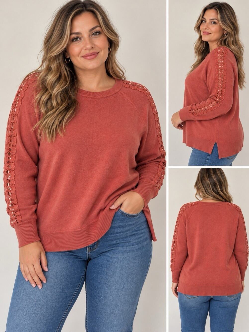LC Lauren Conrad Womens XL Dusty Rose Pink Crochet Lace Sleeve Knit Sweater